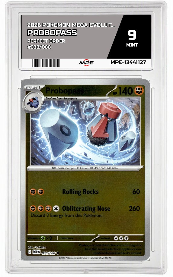 2026 POKEMON MEGA EVOLUTION PERFECT ORDER #038/088 Probopass MPE 9 MINT — graded card auctioned from the MPE vault