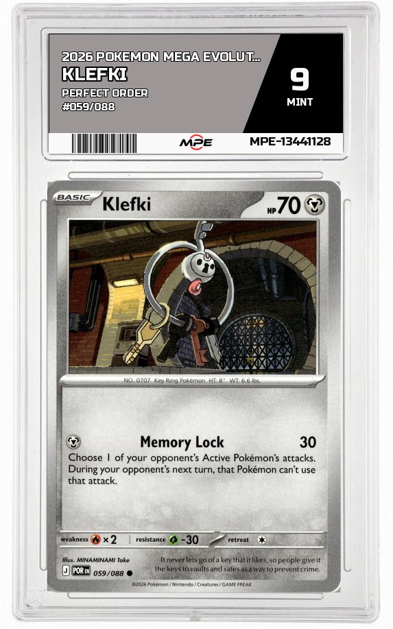 2026 POKEMON MEGA EVOLUTION PERFECT ORDER #059/088 KLEFKI MPE 9 MINT — graded card auctioned from the MPE vault