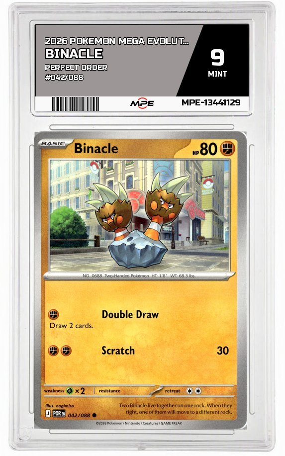 2026 POKEMON MEGA EVOLUTION PERFECT ORDER #042/088 BINACLE MPE 9 MINT — graded card auctioned from the MPE vault
