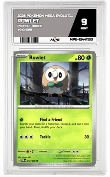 2026 POKEMON MEGA EVOLUTION PERFECT ORDER #010/088 ROWLET MPE 9 MINT — graded card up for auction