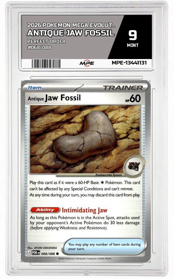 2026 POKEMON MEGA EVOLUTION PERFECT ORDER #068/088 Antique Jaw Fossil MPE 9 MINT — graded card auctioned from the MPE vault