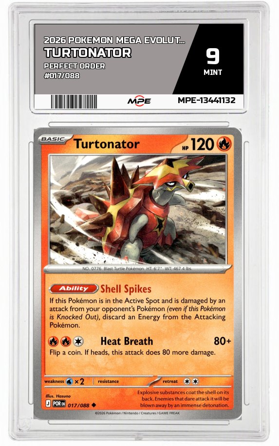 2026 POKEMON MEGA EVOLUTION PERFECT ORDER #017/088 Turtonator MPE 9 MINT — graded card auctioned from the MPE vault