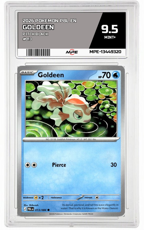 2026 POKEMON PBL EN Pitch Black #013 GOLDEEN MPE 9.5 MINT+ — graded card auctioned from the MPE vault