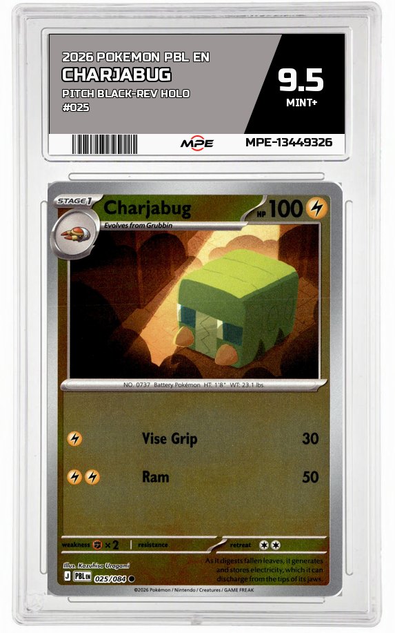 2026 POKEMON PBL EN Pitch Black-REV HOLO #025 Charjabug MPE 9.5 MINT+ — graded card auctioned from the MPE vault
