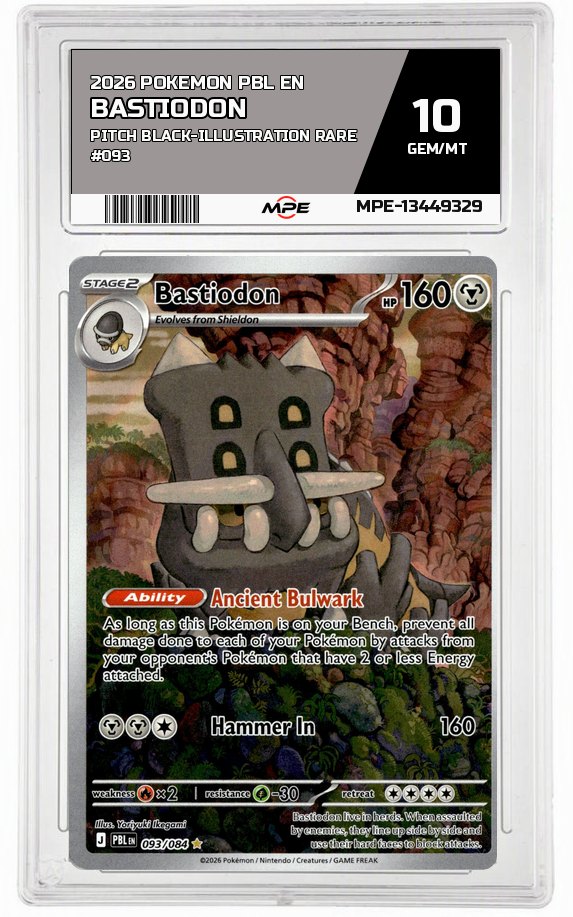 2026 POKEMON PBL EN Pitch Black-Illustration Rare #093 Bastiodon MPE 10 GEM/MT — graded card auctioned from the MPE vault