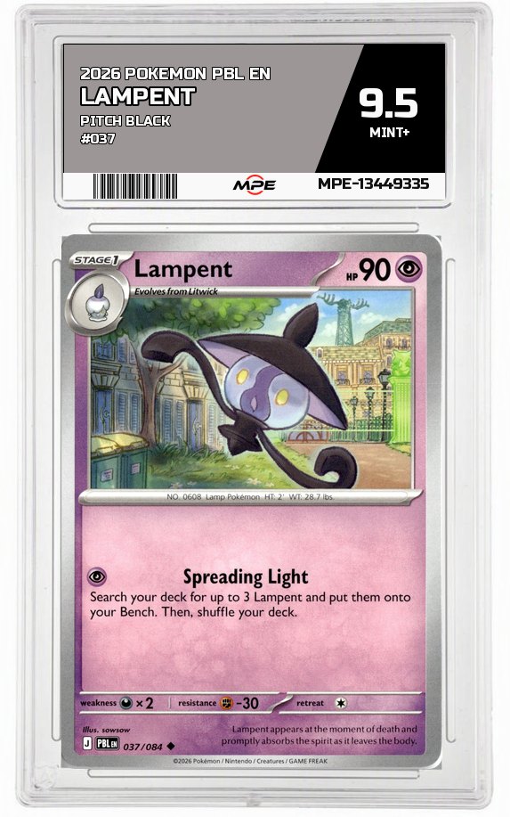 2026 POKEMON PBL EN Pitch Black #037 Lampent MPE 9.5 MINT+ — graded card auctioned from the MPE vault