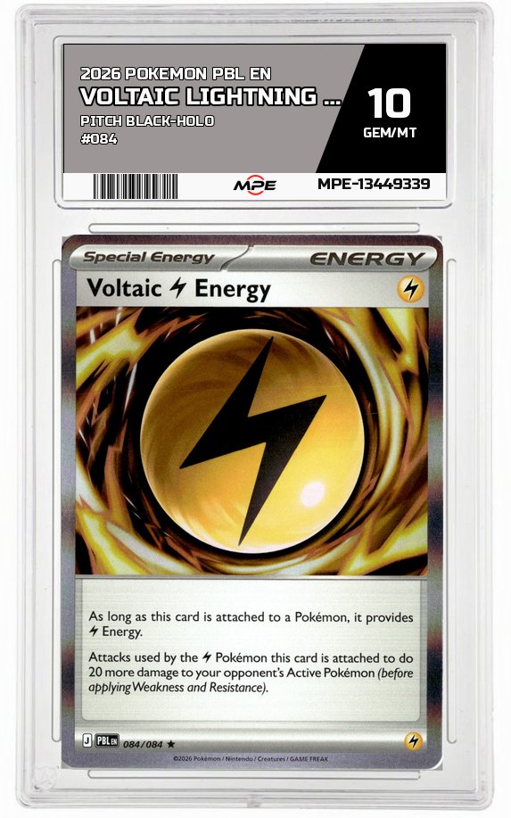 2026 POKEMON PBL EN Pitch Black-HOLO #084 VOLTAIC Lightning ENERGY MPE 10 GEM/MT — graded card auctioned from the MPE vault