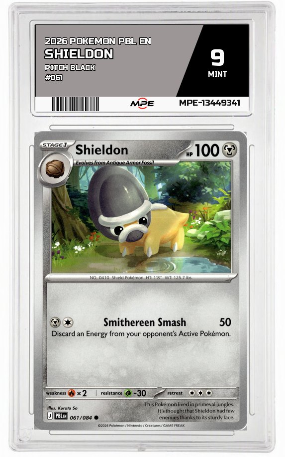 2026 POKEMON PBL EN Pitch Black #061 Shieldon MPE 9 MINT — graded card auctioned from the MPE vault