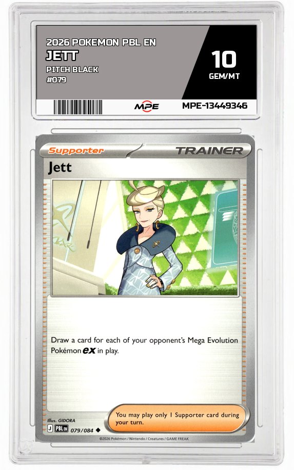 2026 POKEMON PBL EN Pitch Black #079 Jett MPE 10 GEM/MT — graded card auctioned from the MPE vault