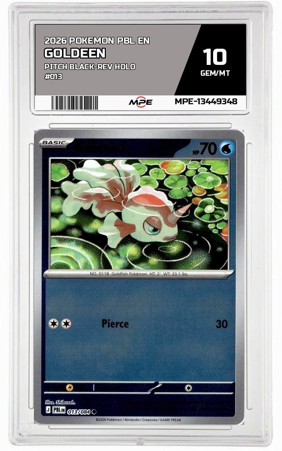 2026 POKEMON PBL EN Pitch Black-REV HOLO #013 GOLDEEN MPE 10 GEM/MT — graded card auctioned from the MPE vault
