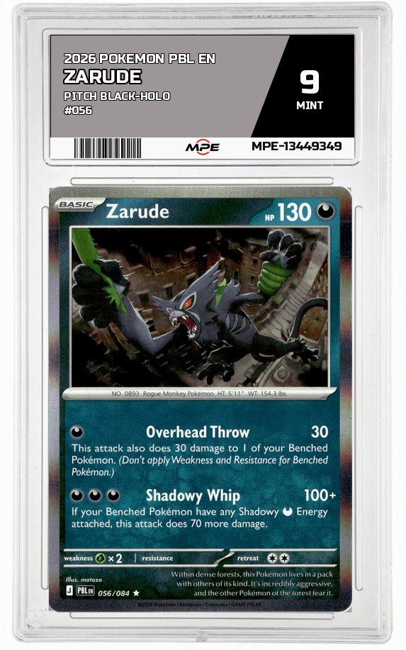 2026 POKEMON PBL EN Pitch Black-HOLO #056 Zarude MPE 9 MINT — graded card auctioned from the MPE vault