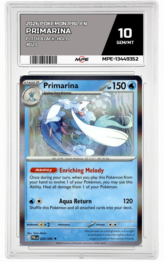 2026 POKEMON PBL EN Pitch Black-HOLO #020 Primarina MPE 10 GEM/MT — graded card auctioned from the MPE vault