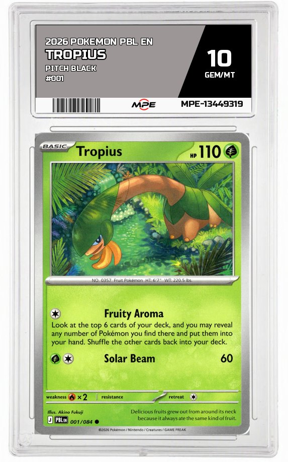 2026 POKEMON PBL EN Pitch Black #001 Tropius MPE 10 GEM/MT — graded card auctioned from the MPE vault