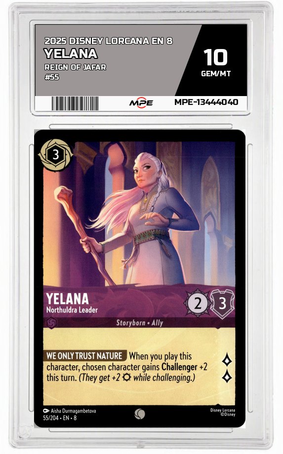 2025 DISNEY LORCANA EN 8 Reign of Jafar #55 YELANA MPE 10 GEM/MT — graded card auctioned from the MPE vault