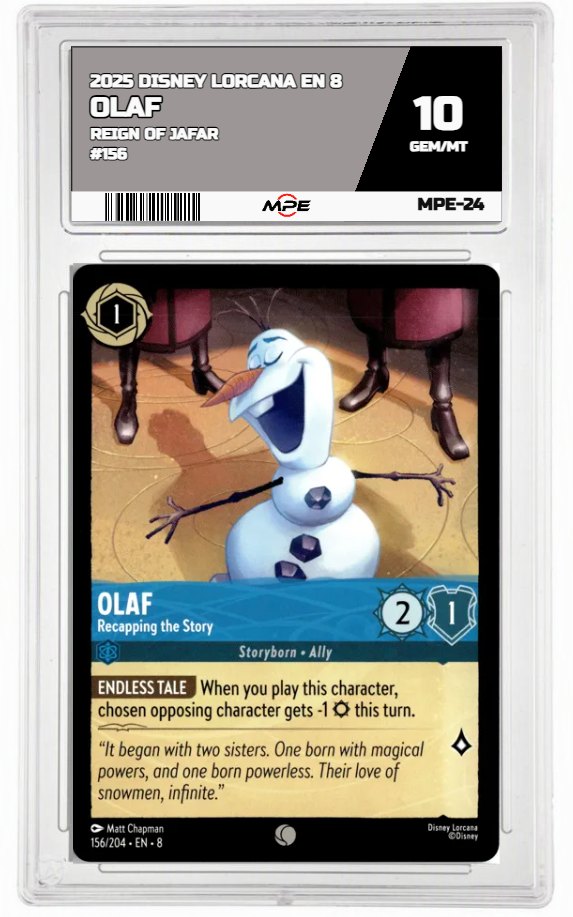 2025 DISNEY LORCANA EN 8 Reign of Jafar #156 OLAF MPE 10 GEM/MT — graded card auctioned from the MPE vault
