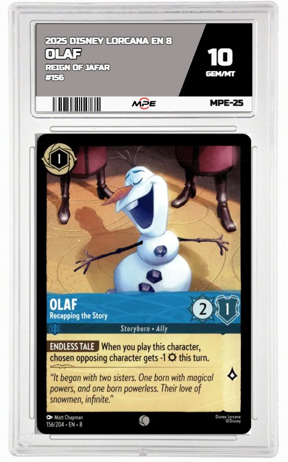 2025 DISNEY LORCANA EN 8 Reign of Jafar #156 OLAF MPE 10 GEM/MT — graded card up for auction