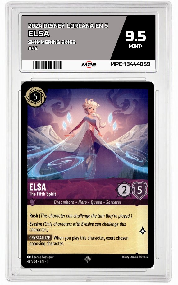 2024 DISNEY LORCANA EN 5 Shimmering Skies #48 ELSA MPE 9.5 MINT+ — graded card auctioned from the MPE vault