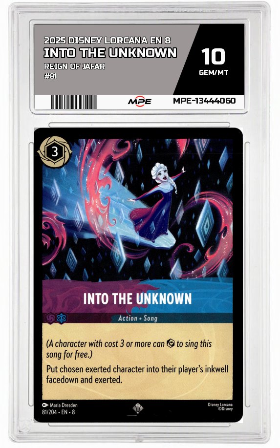 2025 DISNEY LORCANA EN 8 Reign of Jafar #81 INTO THE UNKNOWN MPE 10 GEM/MT — graded card auctioned from the MPE vault