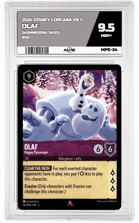 2024 DISNEY LORCANA EN 5 Shimmering Skies #50 OLAF MPE 9.5 MINT+ — graded card auctioned from the MPE vault