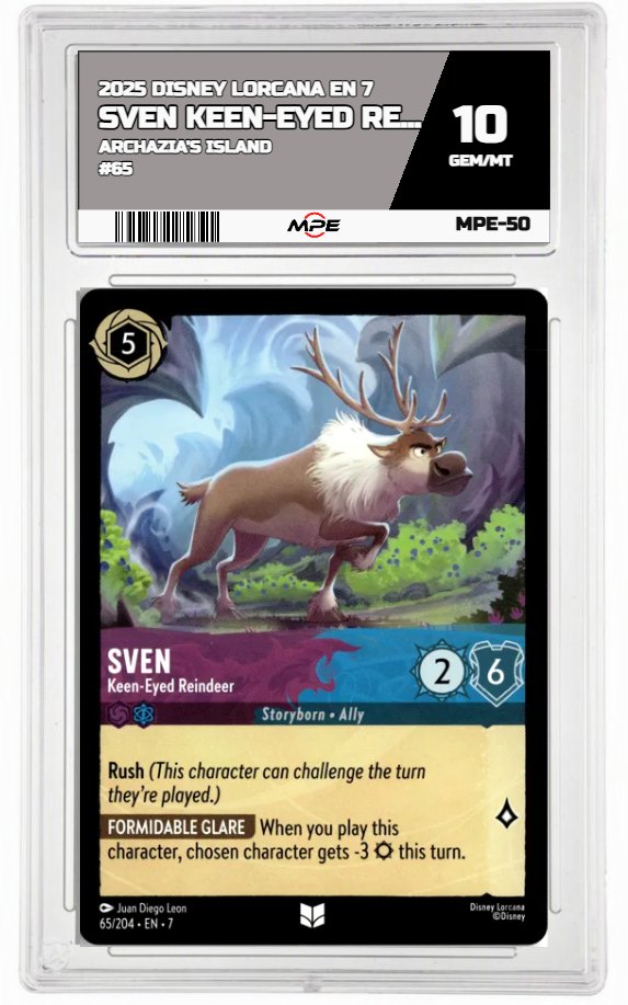 2025 DISNEY LORCANA EN 7 Archazia's Island #65 SVEN KEEN-EYED REINDEER MPE 10 GEM/MT — graded card auctioned from the MPE vault