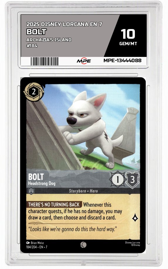 2025 DISNEY LORCANA EN 7 Archazia's Island #184 BOLT MPE 10 GEM/MT — graded card auctioned from the MPE vault