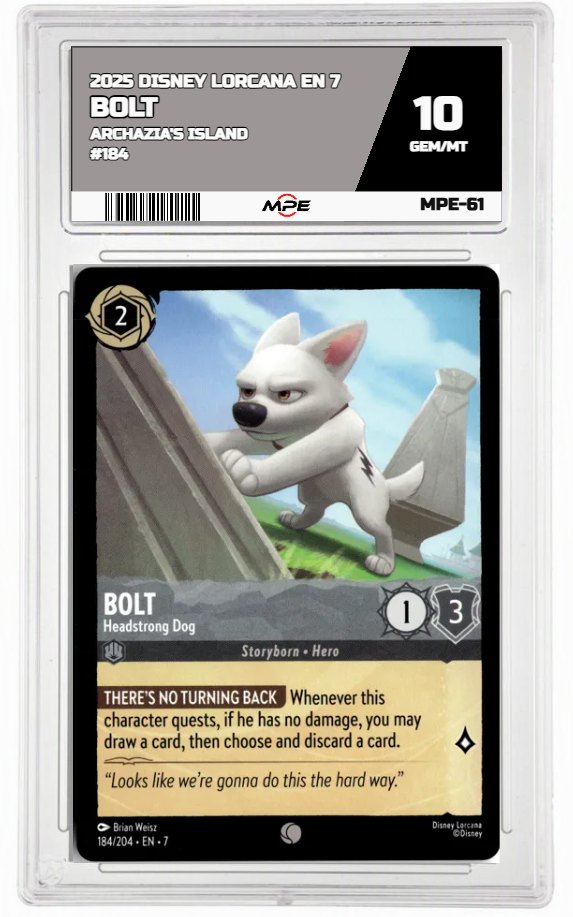 2025 DISNEY LORCANA EN 7 Archazia's Island #184 BOLT MPE 10 GEM/MT — graded card auctioned from the MPE vault