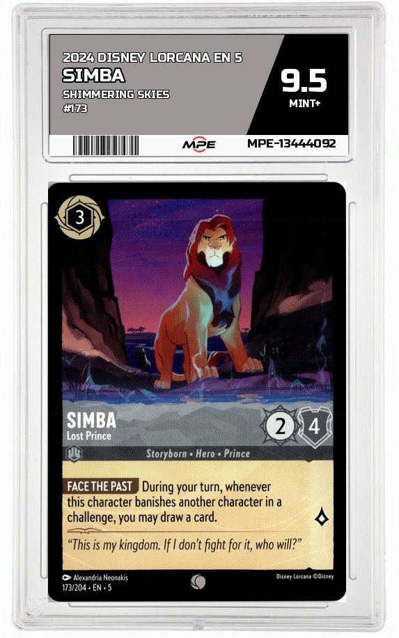 2024 DISNEY LORCANA EN 5 Shimmering Skies #173 SIMBA MPE 9.5 MINT+ — graded card auctioned from the MPE vault