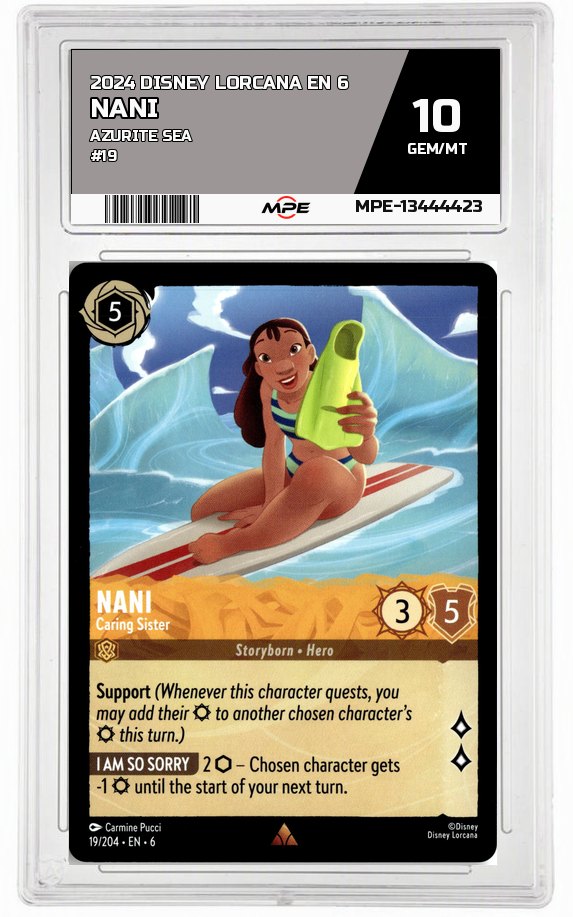 2024 DISNEY LORCANA EN 6 Azurite Sea #19 NANI MPE 10 GEM/MT — graded card auctioned from the MPE vault