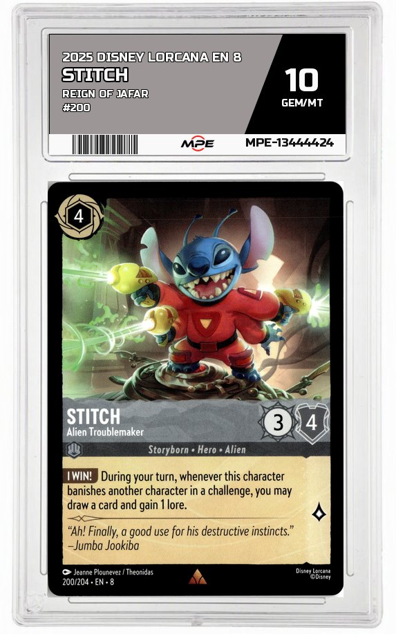 2025 DISNEY LORCANA EN 8 Reign of Jafar #200 STITCH MPE 10 GEM/MT — graded card auctioned from the MPE vault