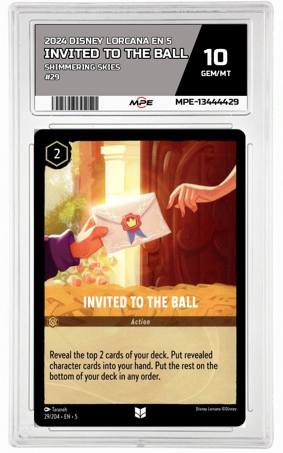 2024 DISNEY LORCANA EN 5 Shimmering Skies #29 INVITED TO THE BALL MPE 10 GEM/MT — graded card auctioned from the MPE vault