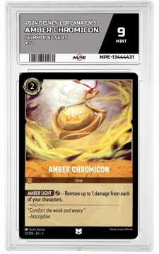 2024 DISNEY LORCANA EN 5 Shimmering Skies #32 AMBER CHROMICON MPE 9 MINT — graded card up for auction