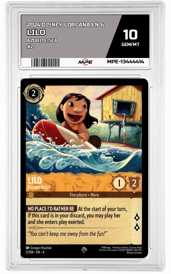 2024 DISNEY LORCANA EN 6 Azurite Sea #2 LILO MPE 10 GEM/MT — graded card auctioned from the MPE vault