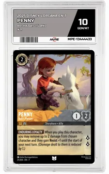 2025 DISNEY LORCANA EN 7 Archazia's Island #21 PENNY MPE 10 GEM/MT — graded card up for auction