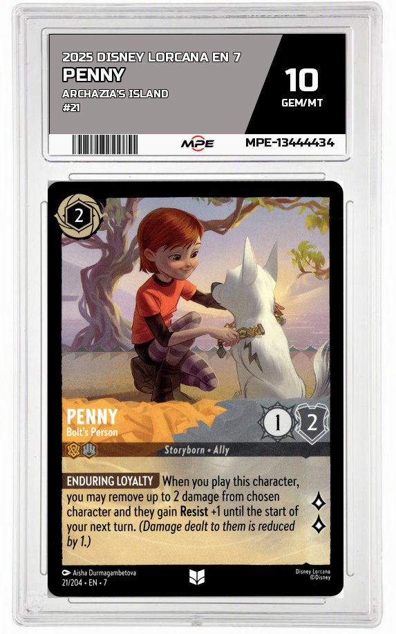 2025 DISNEY LORCANA EN 7 Archazia's Island #21 PENNY MPE 10 GEM/MT — graded card auctioned from the MPE vault