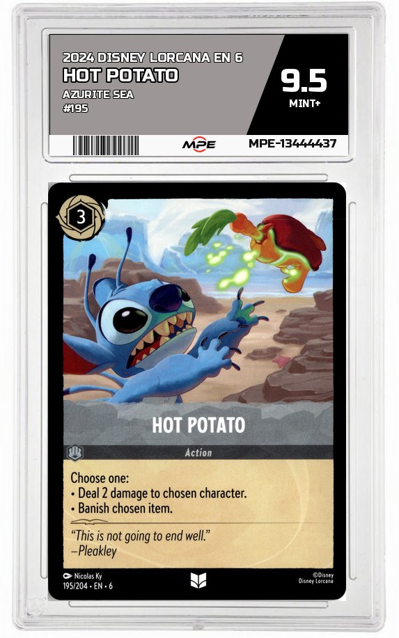 2024 DISNEY LORCANA EN 6 Azurite Sea #195 HOT POTATO MPE 9.5 MINT+ — graded card auctioned from the MPE vault