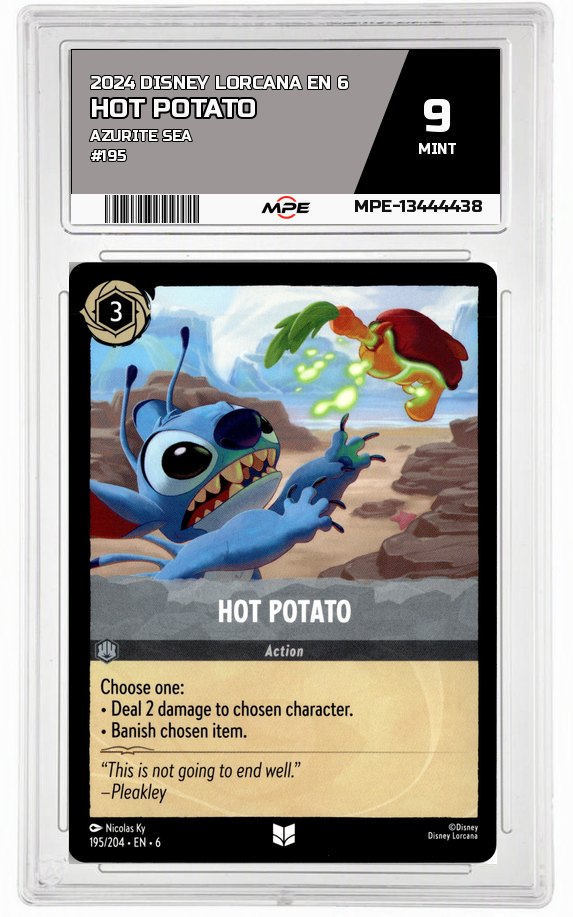 2024 DISNEY LORCANA EN 6 Azurite Sea #195 HOT POTATO MPE 9 MINT — graded card auctioned from the MPE vault