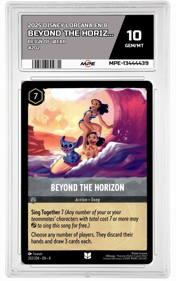 2025 DISNEY LORCANA EN 8 Reign of Jafar #202 BEYOND THE HORIZON MPE 10 GEM/MT — graded card auctioned from the MPE vault