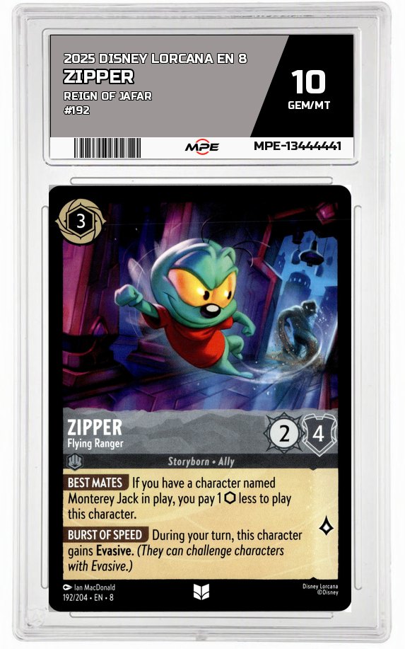 2025 DISNEY LORCANA EN 8 Reign of Jafar #192 ZIPPER MPE 10 GEM/MT — graded card auctioned from the MPE vault