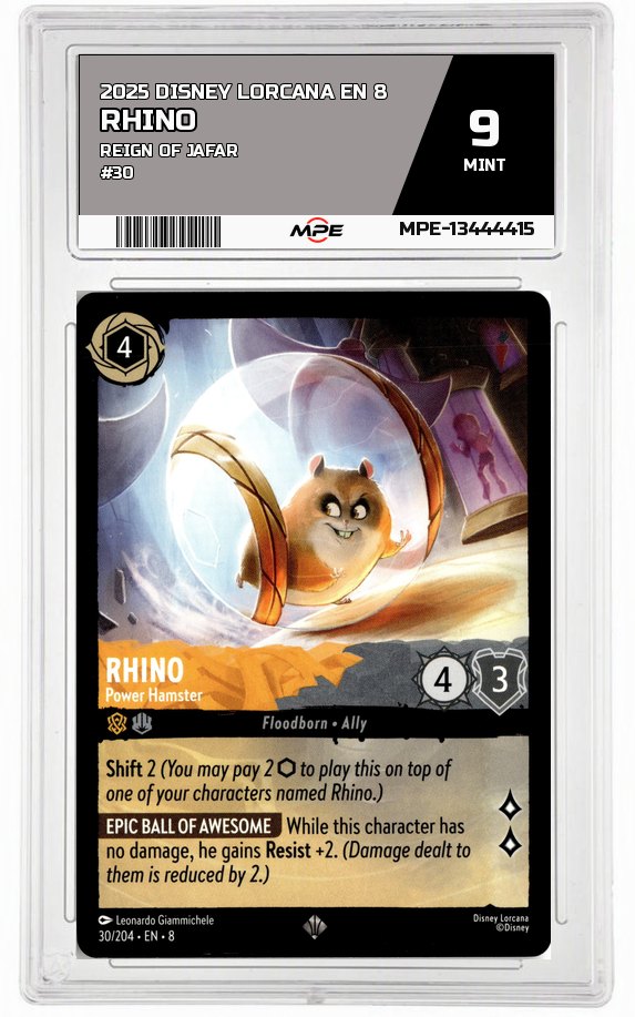 2025 DISNEY LORCANA EN 8 Reign of Jafar #30 RHINO MPE 9 MINT — graded card auctioned from the MPE vault