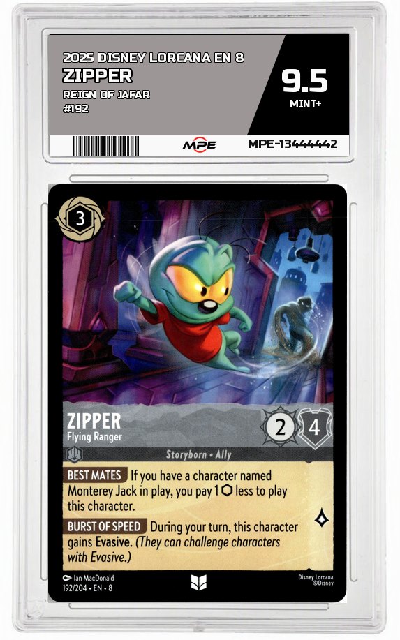 2025 DISNEY LORCANA EN 8 Reign of Jafar #192 ZIPPER MPE 9.5 MINT+ — graded card auctioned from the MPE vault