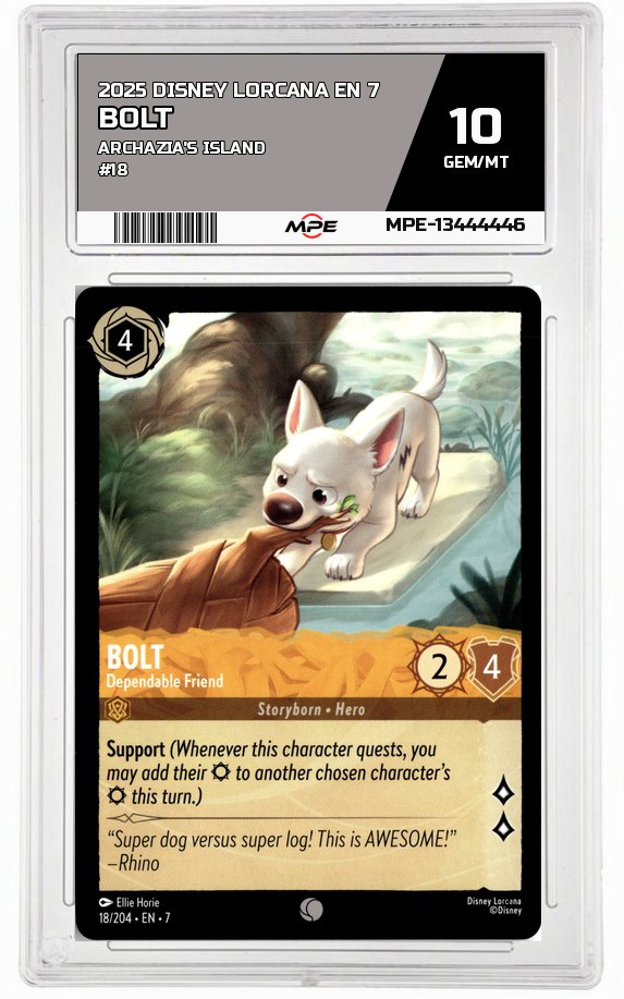 2025 DISNEY LORCANA EN 7 Archazia's Island #18 BOLT MPE 10 GEM/MT — graded card auctioned from the MPE vault
