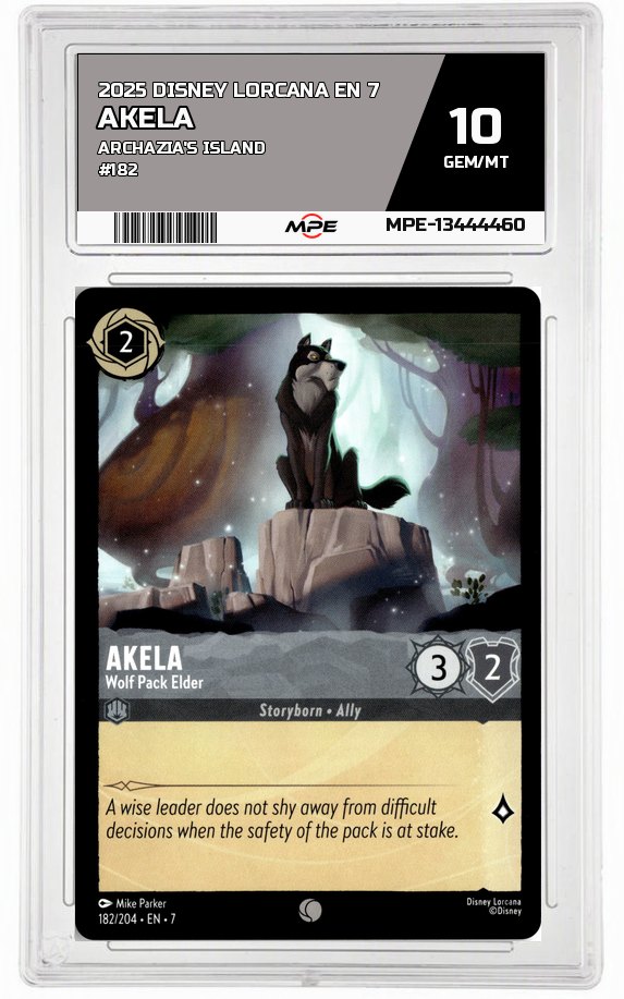 2025 DISNEY LORCANA EN 7 Archazia's Island #182 AKELA MPE 10 GEM/MT — graded card auctioned from the MPE vault
