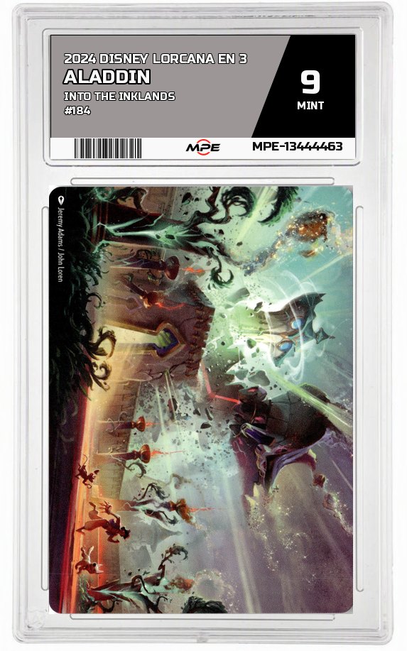 2024 DISNEY LORCANA EN 3 Into the Inklands #184 ALADDIN MPE 9 MINT — graded card auctioned from the MPE vault