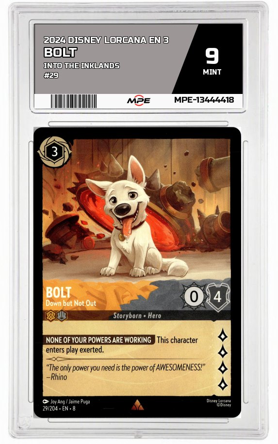 2024 DISNEY LORCANA EN 3 Into the Inklands #29 BOLT MPE 9 MINT — graded card auctioned from the MPE vault