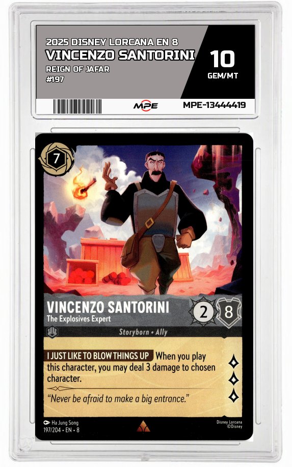 2025 DISNEY LORCANA EN 8 Reign of Jafar #197 VINCENZO SANTORINI MPE 10 GEM/MT — graded card auctioned from the MPE vault