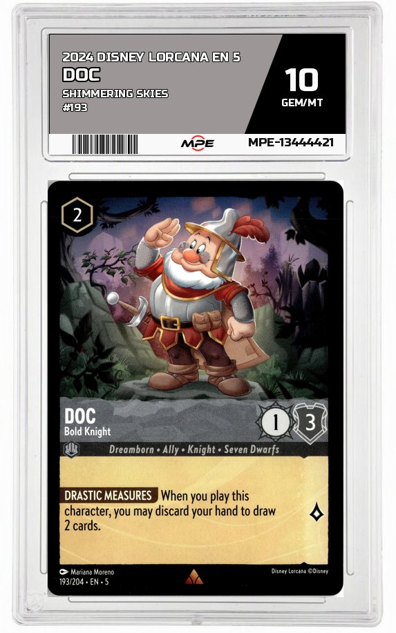 2024 DISNEY LORCANA EN 5 Shimmering Skies #193 DOC MPE 10 GEM/MT — graded card auctioned from the MPE vault