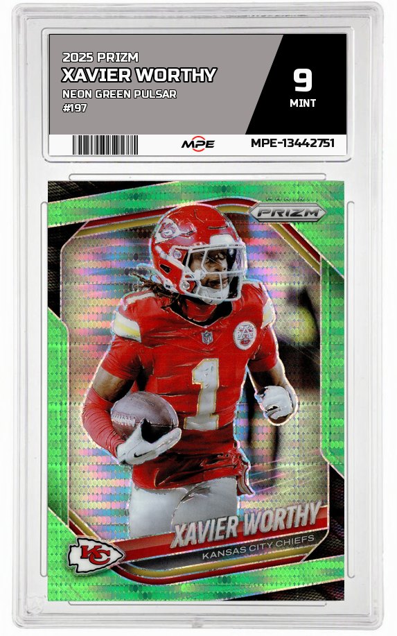 2025 PRIZM Neon Green Pulsar #197 XAVIER WORTHY MPE 9 MINT — graded card auctioned from the MPE vault