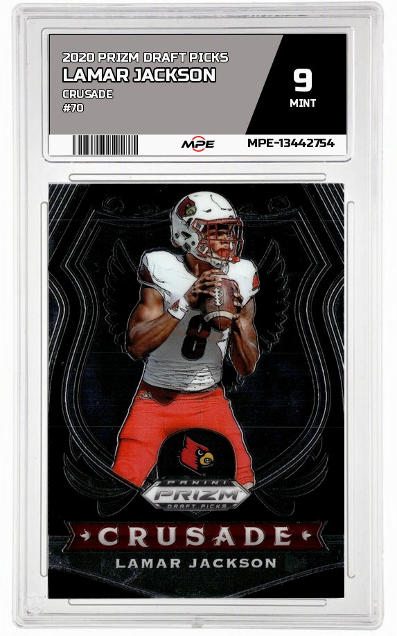 2020 PRIZM DRAFT PICKS CRUSADE #70 LAMAR JACKSON MPE 9 MINT — graded card auctioned from the MPE vault