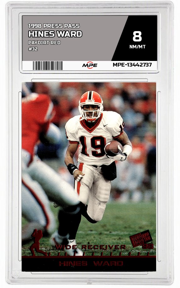1998 PRESS PASS PAYDIRT RED #32 HINES WARD MPE 8 NM/MT — graded card auctioned from the MPE vault