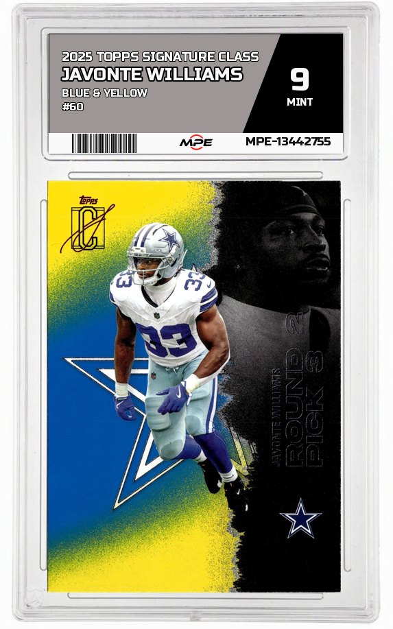 2025 TOPPS SIGNATURE CLASS Blue & Yellow #60 JAVONTE WILLIAMS MPE 9 MINT — graded card up for auction